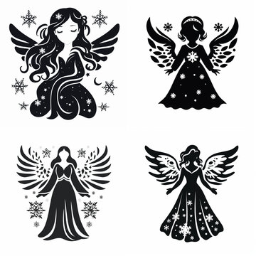Set of black and white angel silhouettes with snowflakes for Christmas holiday design.