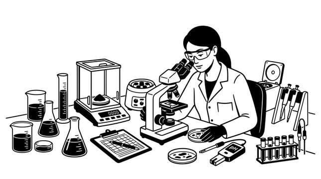 Scientist Working in Laboratory with Microscope and Equipment