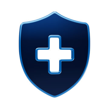 Shiny blue 3d shield with a medical cross symbol in the center, isolated on a black background, representing health, safety, and protection isolated on a transparent background