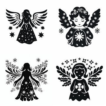 Set of black and white angel silhouettes with snowflake patterns for Christmas design.