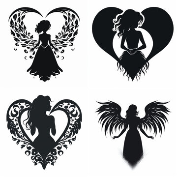 Set of angel and heart silhouettes for romantic design elements and decorative graphics.