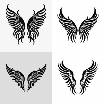 Set of black angel wings silhouettes for graphic design and tattoo art templates.