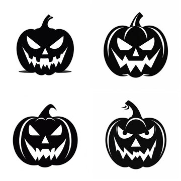 Set of four black and white Halloween jack o lantern pumpkin silhouette icons
