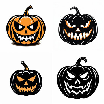 Set of scary Halloween jack-o-lantern pumpkin icons with spooky carved faces