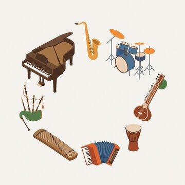 Isometric Musical Instruments Arranged in a Circle Illustration