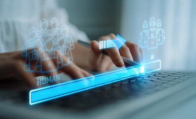 Hands Typing on Laptop with Digital Graphics Representing Human and AI Interaction in Modern...