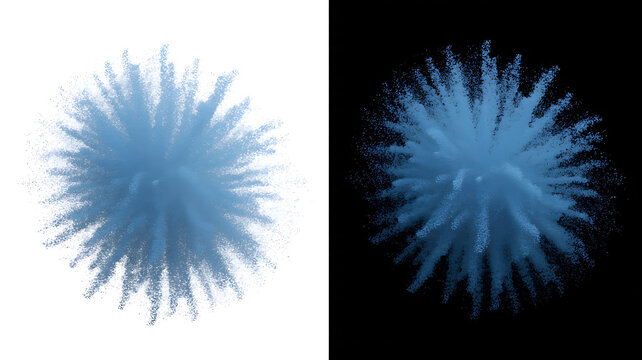 Blue powder explosion bursting outward on white and black split background.