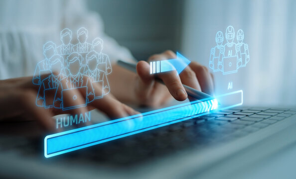Hands Typing on Laptop with Digital Graphics Representing Human and AI Interaction in Modern Technology Environment. Liminal.
