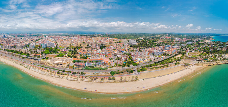 Panoramic aerial view of Tarragona beach Roman Amphitheatre and Mediterranean coast