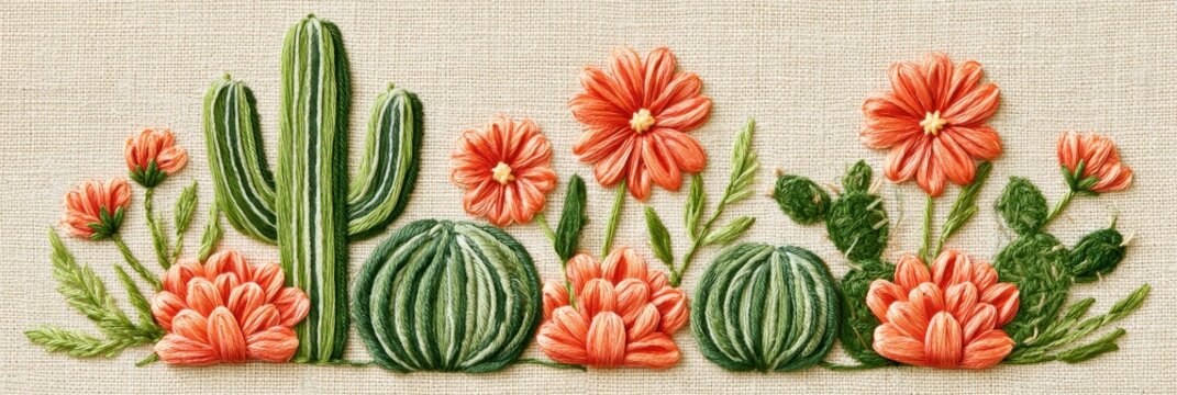Handcrafted botanical embroidery illustration featuring a tall saguaro cactus, round barrel cacti, prickly pear, and vibrant coral-orange flowers on natural beige linen