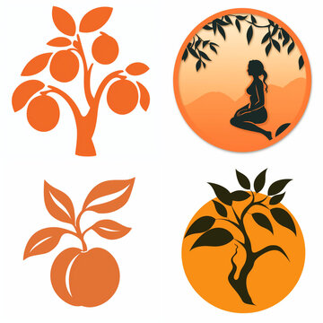 Set of orange apricot fruit icons and nature silhouettes for organic food design elements.