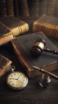 Wooden gavel resting on an employment law book with pocket watch