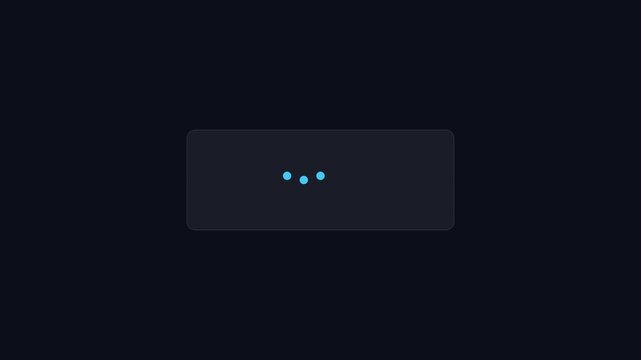 Minimalist loading spinner animation with three pulsing dots on dark 4k background, progress buffering