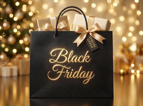 Black Friday shopping bag with gold gifts and ribbons