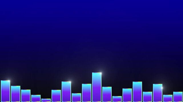 Gold coins falling against a blue background with a digital audio frequency bar chart overlay with spectrum visualizer bottom raining down glowing video shiny gold investment technology animation