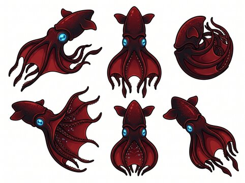 Vampire Squid Vector Illustration Set with Deep Sea Marine Animals Isolated on White Background