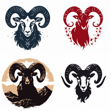 Aries zodiac ram head icons and vector illustrations set for astrology and branding design.