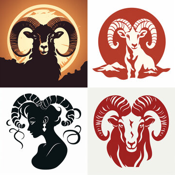 Aries zodiac sign collection with ram head silhouettes and astrological symbol designs