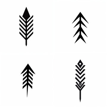 Set of four hand drawn tribal arrow icons in black and white minimalist doodle style