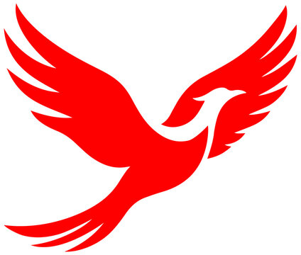 red elegant flying phoenix bird or firebird silhouette icon isolated on transparent PNG background