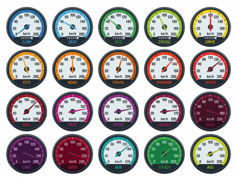 Set of colorful speedometer icons with various speed levels and driving modes vector