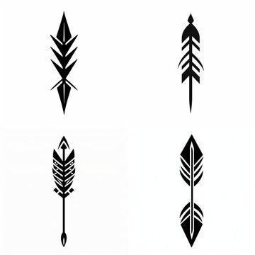Set of four black tribal arrow silhouettes for graphic design and tattoo art elements.