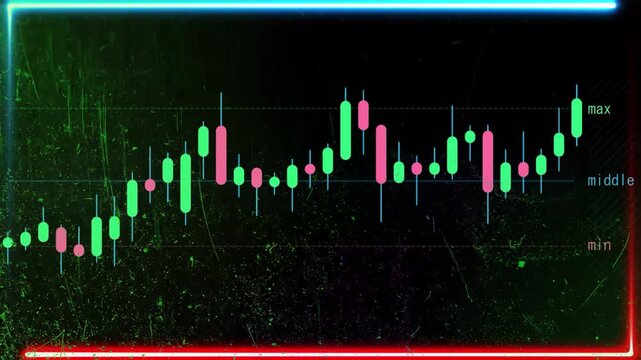 Three glowing neon financial candlestick charts showing upward and downward market trends on dark background with displaying market movement side side financial video three fluctuation information