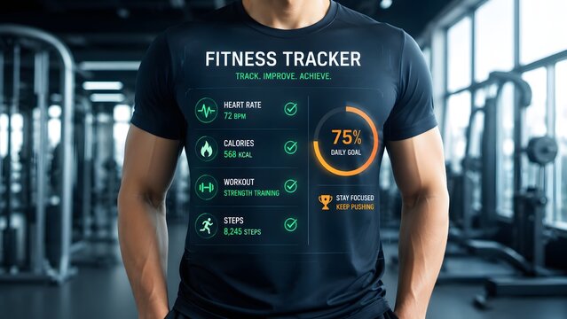 A man wearing a fitness tracker t shirt in a modern gym setting showcasing health and wellness technology integration