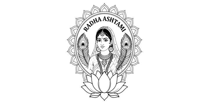 Radha ashtami black and white line art illustration featuring goddess radha with lotus flowers and peacock feathers in a traditional decorative circular frame Vector, illustration