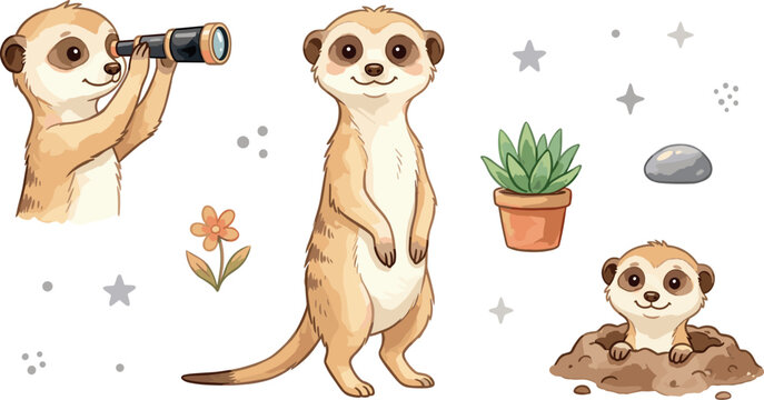 Adorable African suricate vector illustration collection with potted succulent plant flower stone and stars design assets for kids sticker patterns nursery decor