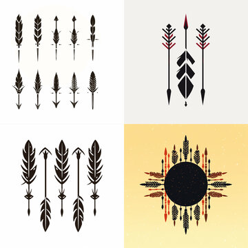 Set of tribal arrow silhouettes and boho feather icons for graphic design projects