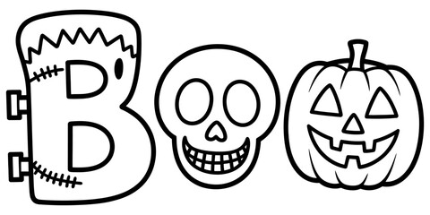 Boo halloween text design with a frankenstein letter b a skull letter o and a jack o lantern pumpkin letter o in a simple black and white line art style Vector, illustration © Rimi Kailash Arts