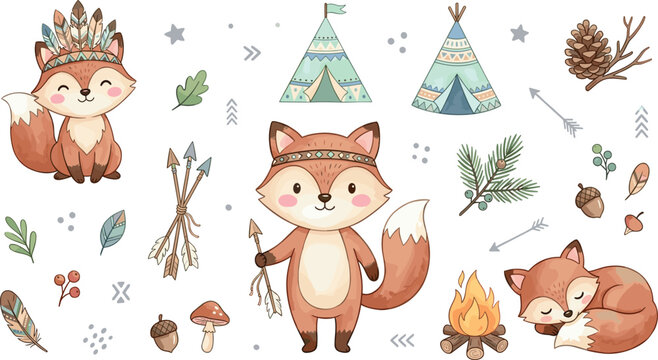 Adorable bohemian style forest fox vector illustration collection with campfire pinecone acorns mushroom and feathers design assets for children nursery decor