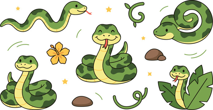 Adorable jungle snake vector illustration collection with hibiscus flower tropical leaves vine and stones design assets for kids sticker patterns