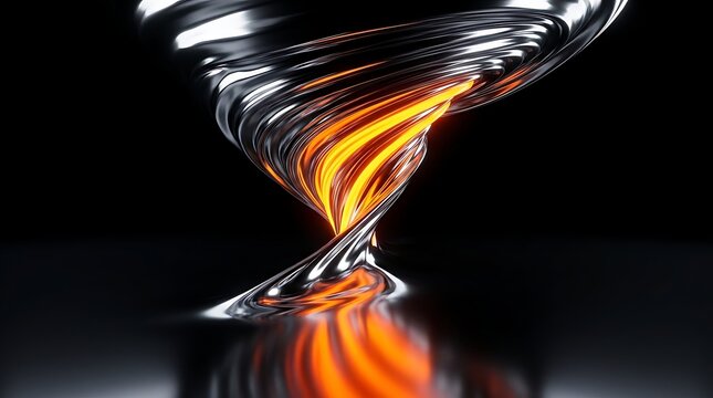 Abstract swirling metal vortex with glowing orange light on a dark reflective surface
