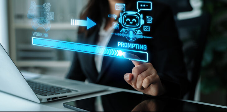 Professional woman using laptop with futuristic interface displaying working and prompting concepts for artificial intelligence integration in the workspace. Liminal.