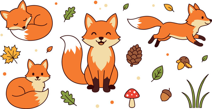 Adorable autumn forest fox vector illustration collection with fallen leaves acorn pinecone and mushroom design assets for kids children patterns