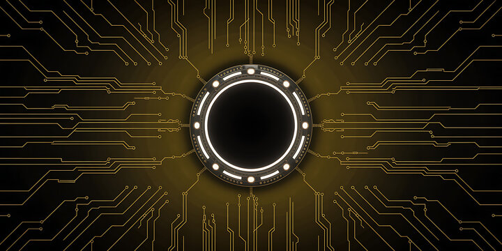 Futuristic circuit board pattern with glowing golden lines and a central circular hub interface.