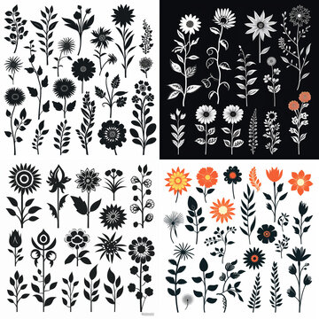 Set of floral silhouettes and botanical elements for graphic design and creative projects