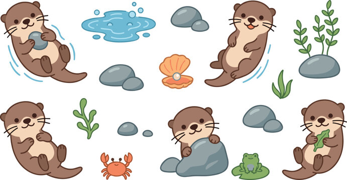 Set of adorable aquatic otter vector bundle with stones river puddle seaweed crab seashell pearl and frog for wildlife children designs