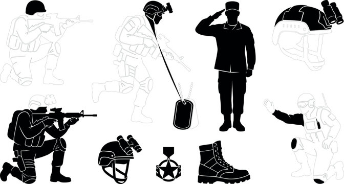 Military personnel silhouettes depict soldiers equipment and patriotic symbols on a white background