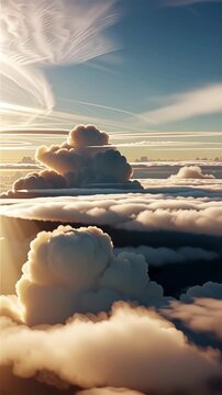 Hyperrealistic 3D CGI animation of an immense unbroken cloudscape of towering cumulus and stratocumulus masses stretching to infinity in soft volumetric form illuminated by low-angle golden sunlight, 