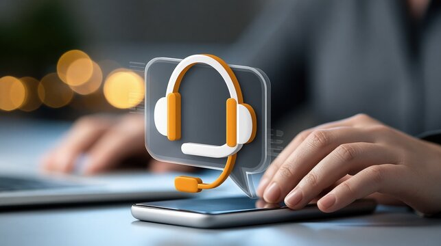Hands operate a smartphone displaying a headset icon and chat bubble, symbolizing customer service and communication.