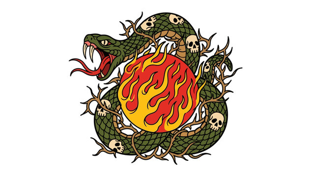 Traditional Tattoo Style Snake Coiled Around Flaming Sphere with Skulls