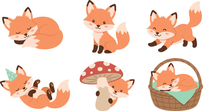 Adorable red fox vector sticker pack collection featuring happy forest animal characters isolated on a clean white background