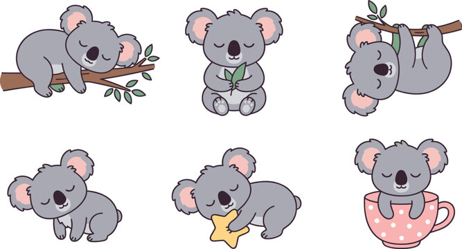Adorable australian koala vector sticker pack collection featuring happy cartoon animal characters isolated on a solid white background