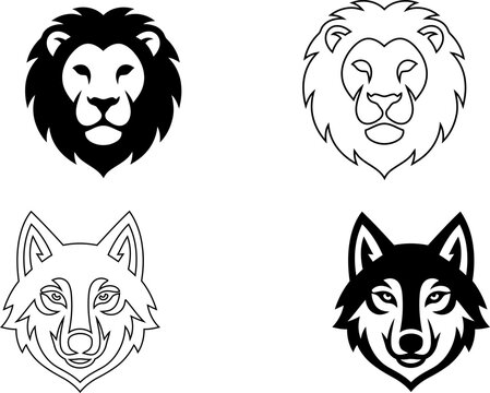 Set of black and white line art illustrations featuring lion and wolf heads for creative design projects