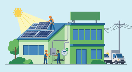 Fototapeta premium Technicians Installing Solar Panels on Building Roof with Inverter and Power Grid Setup