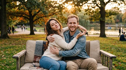 Fototapeta premium Couple Embracing on Park Bench During Autumn Golden Hour with Fall Foliage and Lake Background
