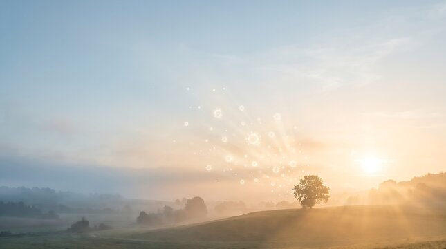 Sunrise Landscape with Floating Virus Particles
